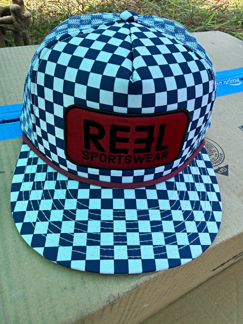 Reel Sportswear Trucker Hat Blue White Checkered Cap Snapback Cap